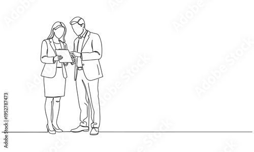 One single line drawing of two young male and female workers watching stock movements. Stockbroker concept. Modern continuous line draw design