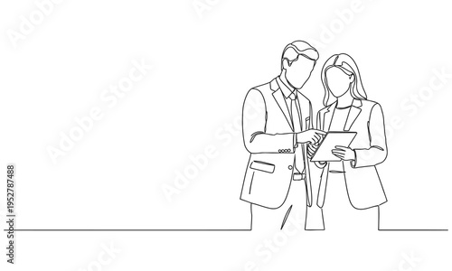 One single line drawing of two young male and female workers watching stock movements. Stockbroker concept. Modern continuous line draw design