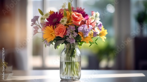A photo of a colorful bouquet in a clear glass vase