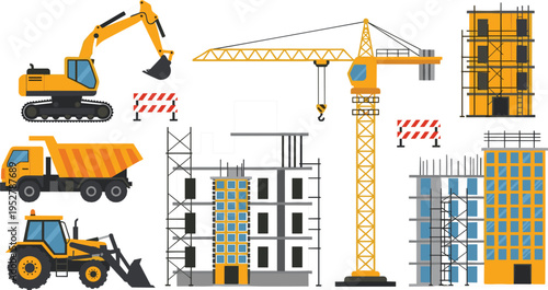 Construction site vector illustration with crane, excavator, dump truck, buildings and workers, industrial development and engineering concept