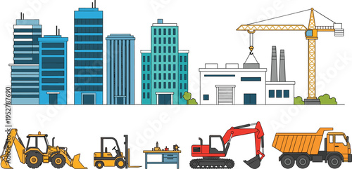 Urban construction and city skyline vector illustration with buildings, crane, excavator, forklift and industrial vehicles, development concept