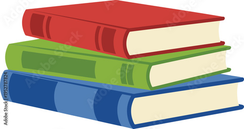 Stack of three colorful hardcover books in minimalist flat style illustration isolated on white academic education concept
