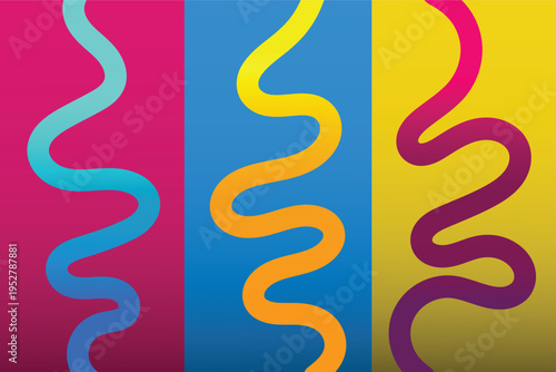 Wavy line patterns featuring colorful gradient squiggles across three vertical panels in vibrant shades of pink, blue, and yellow for a modern look.