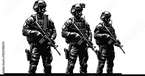 Special forces soldiers silhouette set with tactical gear and rifles isolated on white background, military infantry combat vector illustration collection.