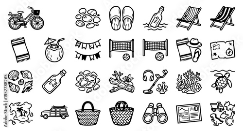 Ultimate Summer Coastal & Beach Lifestyle Icon Set, Minimalist Black Line Vector Icons: Seaside & Vacation Essentials, Tropical Shoreline Adventure Illustration Pack