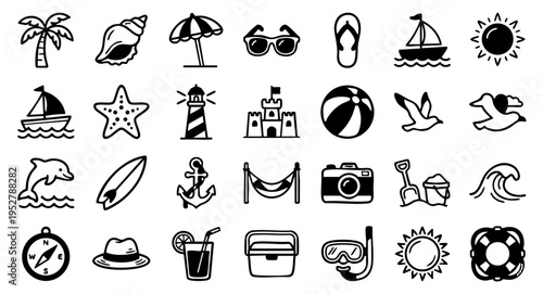 Ultimate Summer Coastal & Beach Lifestyle Icon Set, Minimalist Black Line Vector Icons: Seaside & Vacation Essentials, Tropical Shoreline Adventure Illustration Pack