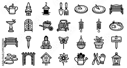 Hand-Drawn Minimalist Garden & Horticulture Icon Collection, Vector Garden Ornament Line Art: 25 Unique Outdoor Decor Elements, Black and White Botanical & Landscape Design Icon Set