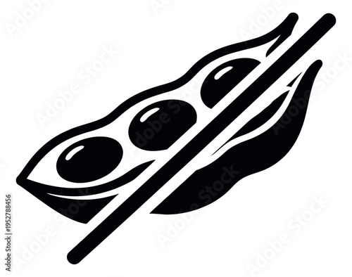 Graphic line art illustration of an edamame pod and chopsticks depicting a healthy asian snack for food and healthy eating concepts