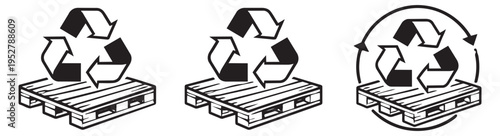 Hand drawn line art recycling symbols on wooden pallets set featuring three different designs for environmental protection and sustainable logistics