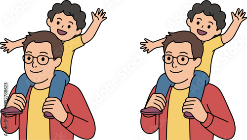 Cartoon illustration of father giving piggyback ride to happy child in minimalist flat style isolated on white