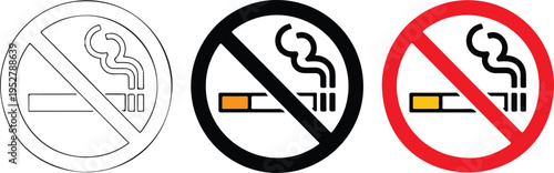 Set of three no smoking signs in line art silhouette and red prohibition symbol isolated on white background