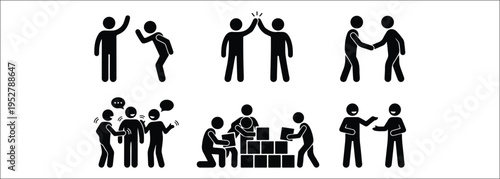 Stickman Business People Communication and Teamwork Icon Set.
