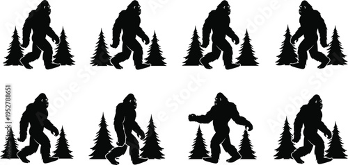 Bigfoot Sasquatch silhouettes walking forest pine trees, mythical creature vector illustration, folklore cryptid artwork, spooky wilderness design, legendary beast clipart, mysterious animal poses