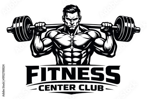 Hand drawn illustration of a bodybuilder depicting lifting a barbell for fitness club branding