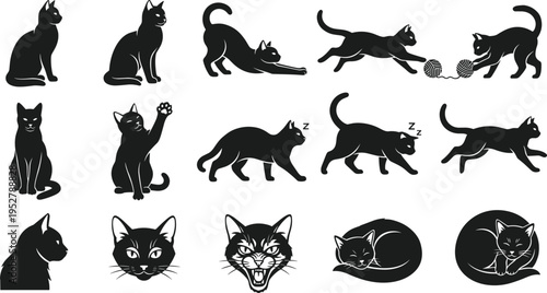 Black cat silhouettes collection, feline poses and expressions, playful pet vector illustration, spooky Halloween artwork, minimal animal clipart, creative decorative design