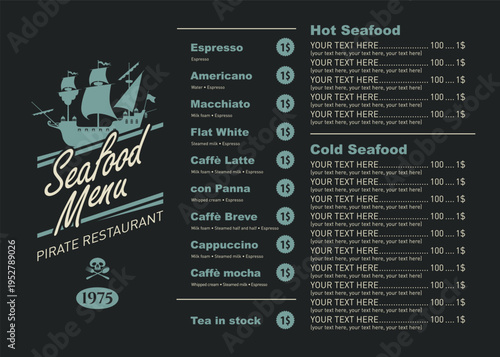Vector banner with image of a ship or an old caravel on the theme of seafood and ocean fish with space for text. Logo, menu for a restaurant, cafe. Signboard, billboard for a fish market, store. No ai
