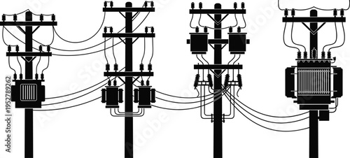 Utility pole with transformer silhouette illustration, electrical infrastructure artwork, power distribution design concept, black and white vector template set