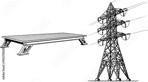 Utility pole and transmission tower silhouette illustration, electrical infrastructure artwork, power distribution design concept, black and white vector template set