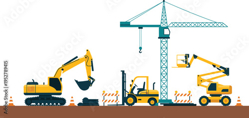 Construction site vector illustration with crane, excavator, forklift and aerial lift platform, heavy machinery and industrial work concept