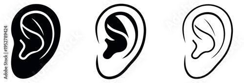 Stylized human ear icon set featuring various representations for medical and audio concepts