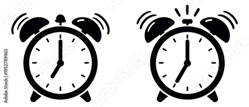 Graphic icon alarm clock set featuring ringing clocks for time management and wake up calls