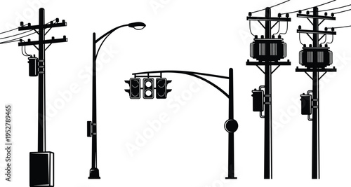Utility poles and street infrastructure, transformer with power lines, streetlight illustration, traffic signal artwork, urban electricity distribution vector design