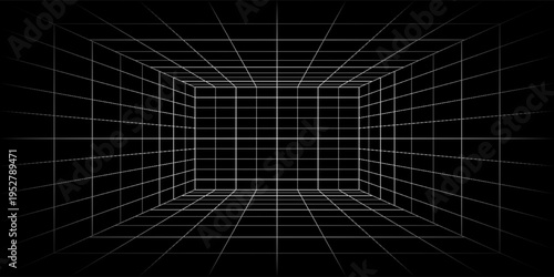 Empty futuristic digital box room grey-black background with white grid space line color surface. Network cyber technology. banner, cover, terrain, sci-fi, wireframe, and related to background.