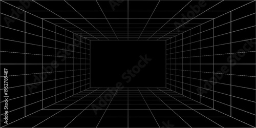 Empty futuristic digital box room grey-black background with white grid space line color surface. Network cyber technology. banner, cover, terrain, sci-fi, wireframe, and related to background.