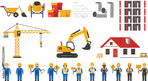 Construction workers and equipment vector set with crane, excavator, building materials, tools and engineer team, industrial concept illustration