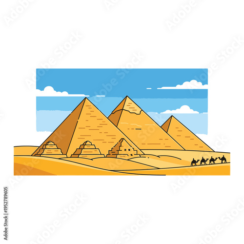 Ancient Egyptian Pyramids and Camel Caravan in Desert Landscape.
