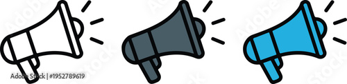 Set of three megaphone icons in outline gray and blue styles with sound waves minimalist vector illustration