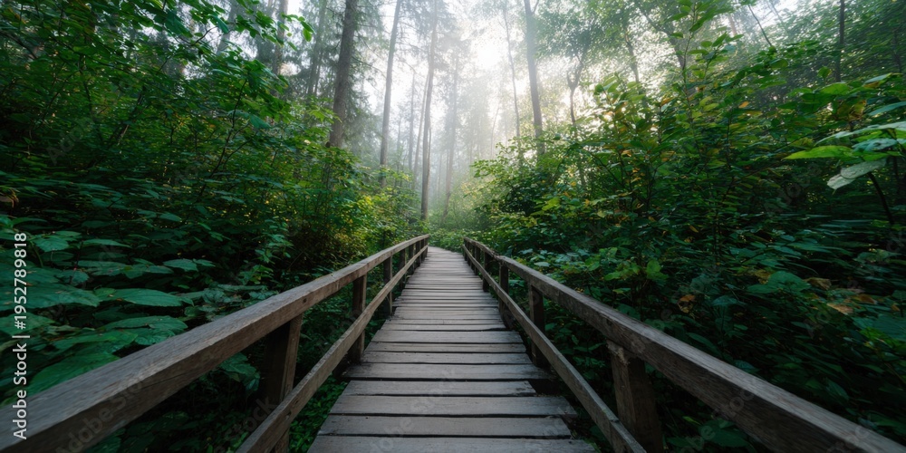 Fototapeta premium Elevated wooden walkway through misty forest railings leading into fog soft light towering trees dense undergrowth tranquil green rainforest trail