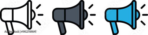 Set of three megaphone icons in outline gray and blue styles with sound waves minimalist vector illustration