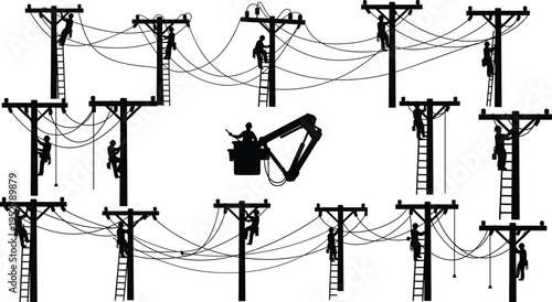 Utility poles silhouettes, electrical line workers, bucket truck maintenance, ladders with harness safety, power line repair, teamwork, electricity infrastructure, vector illustration