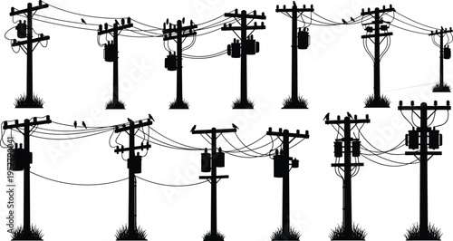Utility poles silhouettes, electrical transformers, power lines with insulators, energy distribution grid, birds perched, industrial infrastructure, electricity system, vector illustration