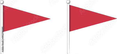 Set of two red triangular pennant flags on poles minimalist vector illustration isolated on white background