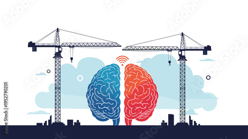 Two construction cranes building a human brain with blue and red halves representing cognitive development and learning.