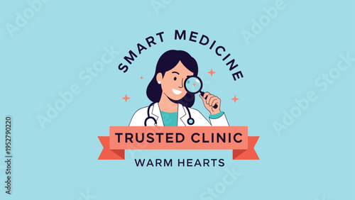 Medical clinic logo featuring a friendly female doctor looking through a magnifying glass with the text trusted clinic.