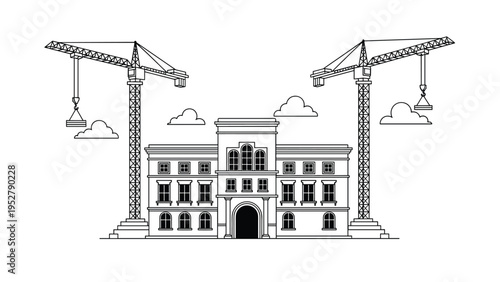 Large classical building construction site with two tall tower cranes lifting materials against a cloudy sky backdrop.