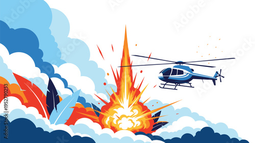 Dramatic scene of a blue helicopter flying away from a massive fire explosion with thick black and white smoke.