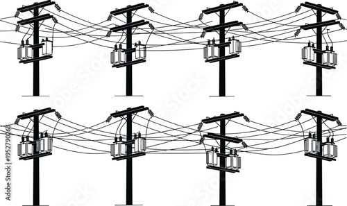 Utility poles with transformers silhouette illustration, electrical infrastructure artwork, power distribution network design concept, black and white vector template set