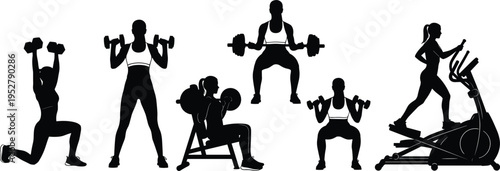 Fitness exercise silhouettes collection, strength training and cardio workout poses, gym vector illustration, athletic clipart artwork, health design, bodybuilding and fitness artwork
