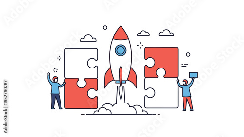 Business startup concept featuring a rocket taking off with people holding puzzle pieces symbolizing teamwork and strategy.