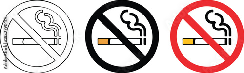 Set of three no smoking signs in line art silhouette and red prohibition symbol isolated on white background