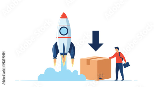 Successful business launch concept represented by powerful space rocket takeoff beside person shipping a large cardboard box.