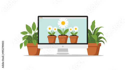 Computer monitor displays beautiful potted daisy flowers while being surrounded by real lush green indoor houseplants.