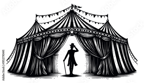 Hand drawn illustration of a circus tent entrance depicting a ringmaster silhouette inviting for a show