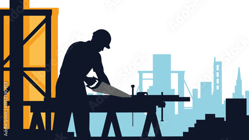 Silhouette of skilled carpenter using hand saw to cut wood at construction site with city skyline in the background during sunset.