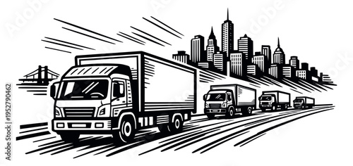Line art illustration of delivery trucks depicting urban transportation for logistics services
