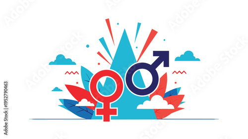 Male and female gender symbols placed together against colorful abstract background with clouds and leaves for equality concept.